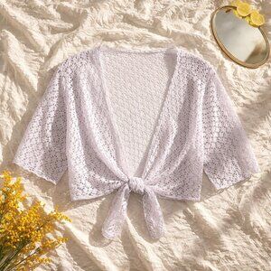 "White Crochet Open Knit Tie Front Crop Shrug Cardigan One Size Boho"